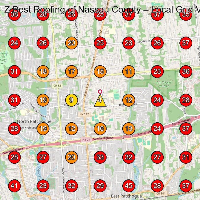 Z Best Roofing of Nassau County GeoGrid visibility map for Roofing Contractor in 630 Old Medford Ave